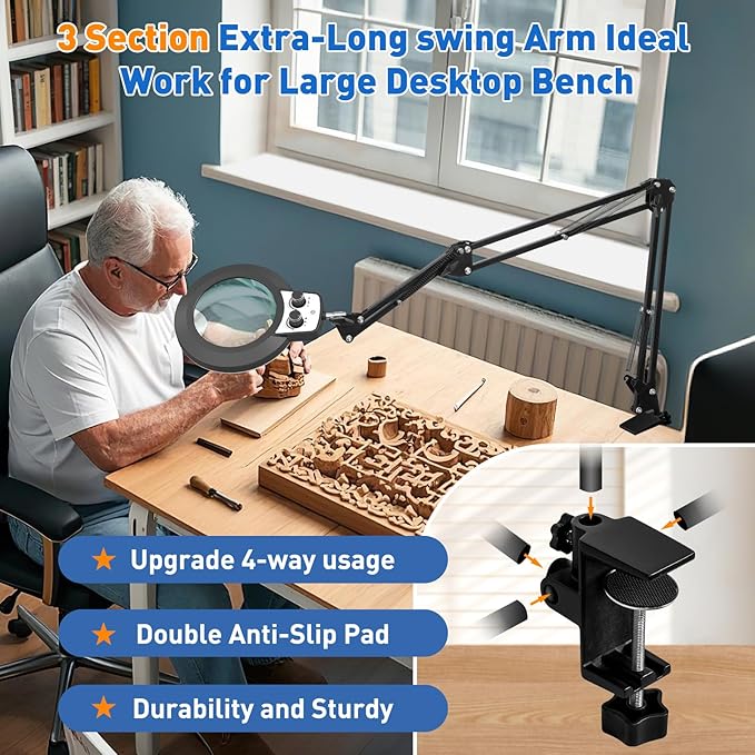 HITTI 12X Extra Long Magnifying Glass with Light, Upgrade Infinite Color and Brightness LED Desk Lamp Clamp, Hands Free 3 Section Magnifier Light Stand for Workbench Craft Reading (12X 35in Clamp)