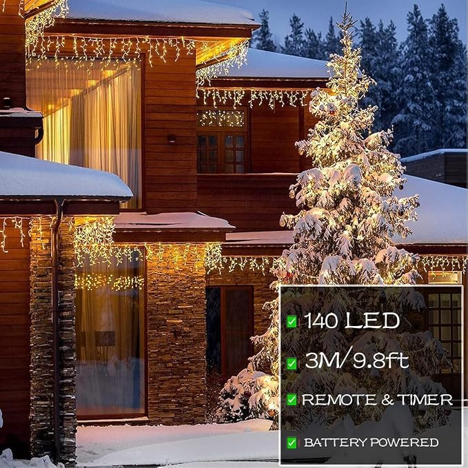 Outdoor Icicle Lights,9.8FT String Lights with Remote Timer, Battery Powered Hanging Window Wall Dripping Ice Light for Outside,Waterproof for House Garden Yard Decor(Warm White)