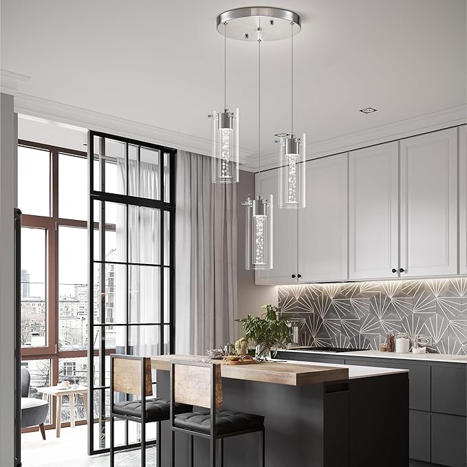 Pendant Lights Kitchen Island, 3-Light Brushed Nickel Pendant Light Fixtures, Cluster Kitchen Island Lights, LED 6000K Pendant Lighting, Modern Hanging Light Fixture for Dining Room Living Room