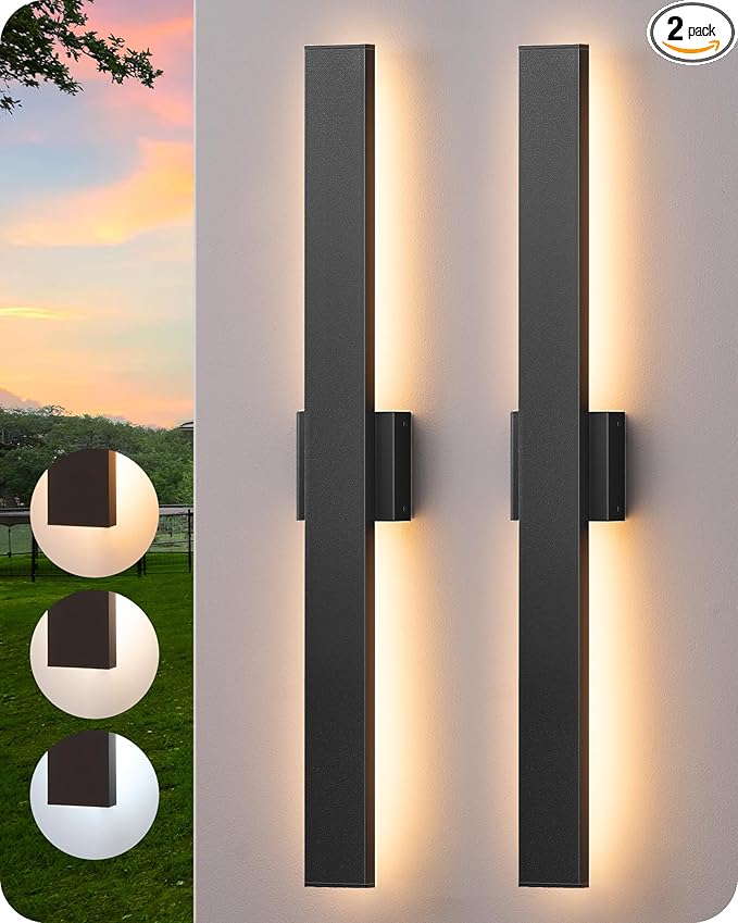 EDISHINE 31in LED Outdoor Wall Lights, 3CCT & 10%-100% Dimmable, IP65 Waterproof, Modern Exterior Lighting Fixtures, Long Exterior Wall Lights for Garage, Front Door, 2 Pack, Black
