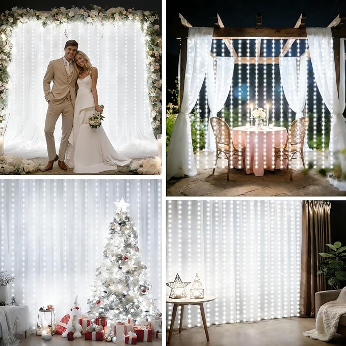 echosari Curtain Lights Battery Operated, 300 LED Fairy Curtain Lights 9.8 x 9.8Ft with Timer Hooks for Bedroom Wedding Backdrop Indoor Decor (Cool White)