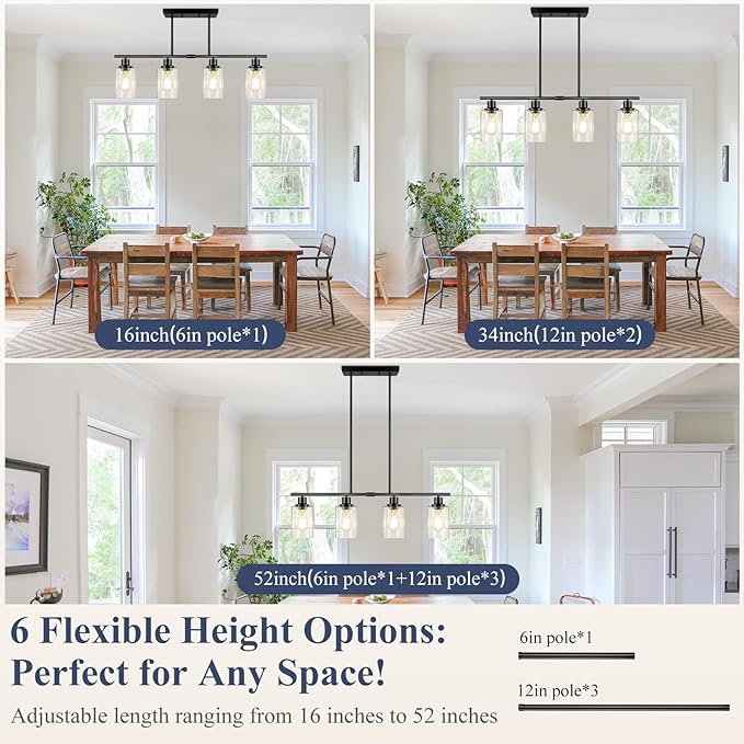 Dining Room Light Fixture Over Table, 4-Light Kitchen Island Lighting Hanging, Farmhouse Linear Chandelier for Dining Room, Matte Black Pendant Light Fixtures with Clear Glass Shade for Kitchen Island