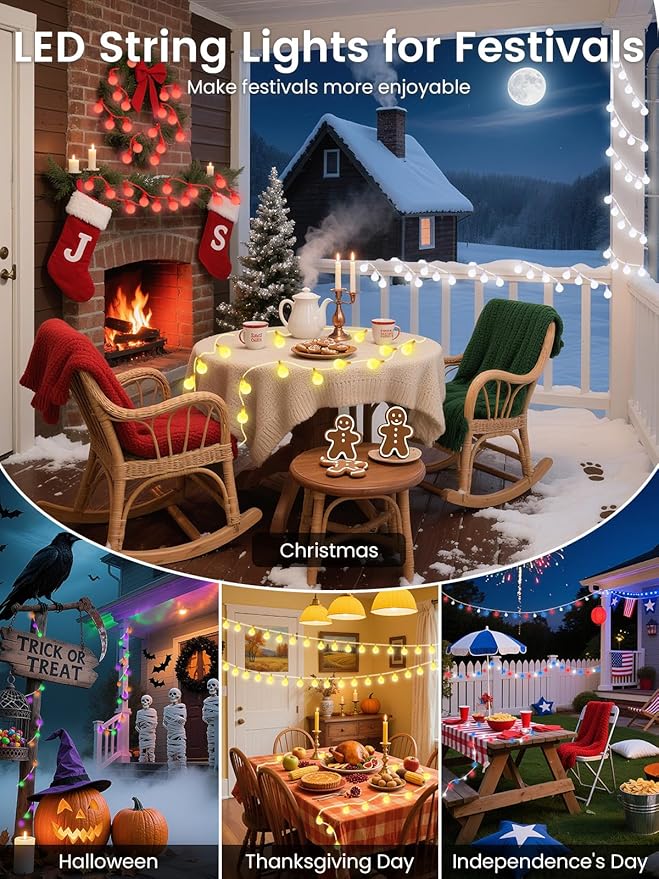 46ft Smart Color Changing Red White and Blue String Lights Outdoor Indoor | 100LED 4th of July Decorations App Control with Remote, Globe Patriotic American Flag Lights for Independence Memorial Day