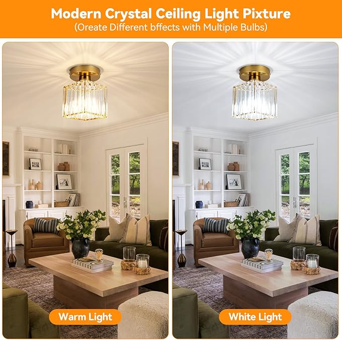 Crystal Ceiling Light Fixture, Modern Semi Flush Mount Ceiling Light with Remote Control, Cube Gold Flush Mount Chandelier for Entryway Kitchen Bedroom Living Room Entryway (Bulb Included)