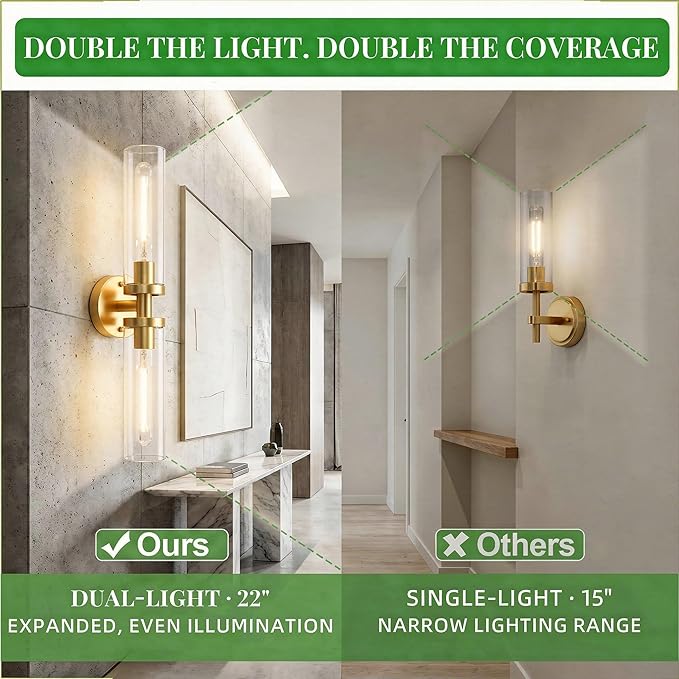 Wall Sconces 2-Pack, Hardwired Bathroom Light Fixtures, Modern Farmhouse Vanity Wall Lighting with Clear Glass Shades, E26 Base Wall Sconce Wall Lights for Bathroom Wall Decor, Gold