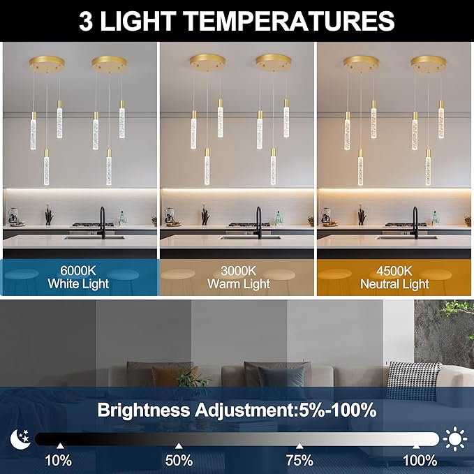 3-Light Bubble Crystal Ceiling Gold Integrated Crystal Pendant Chandelier,Dimmable LED Ceiling Light with Adjustable Height for Kitchen Island, Dining Room & Bedroom 3000K -6000K