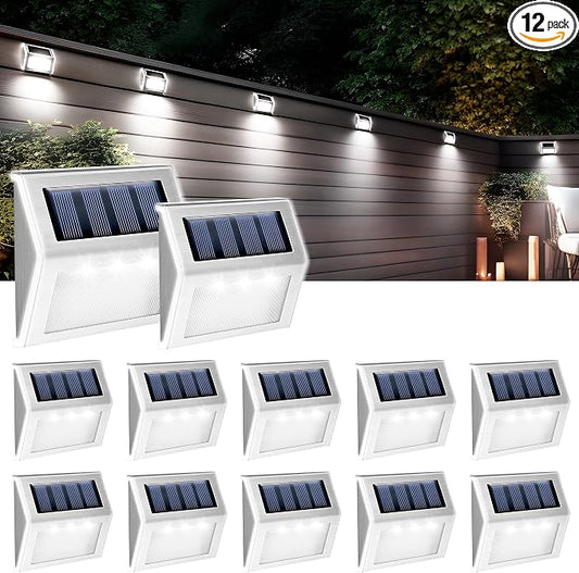 GIGALUMI 12 Pack Solar Fence Lights Outdoor, Waterproof LED Step Lighting Stainless Steel Solar Powered Lights for Step, Stairs, Pathway, Garden (Cold White)