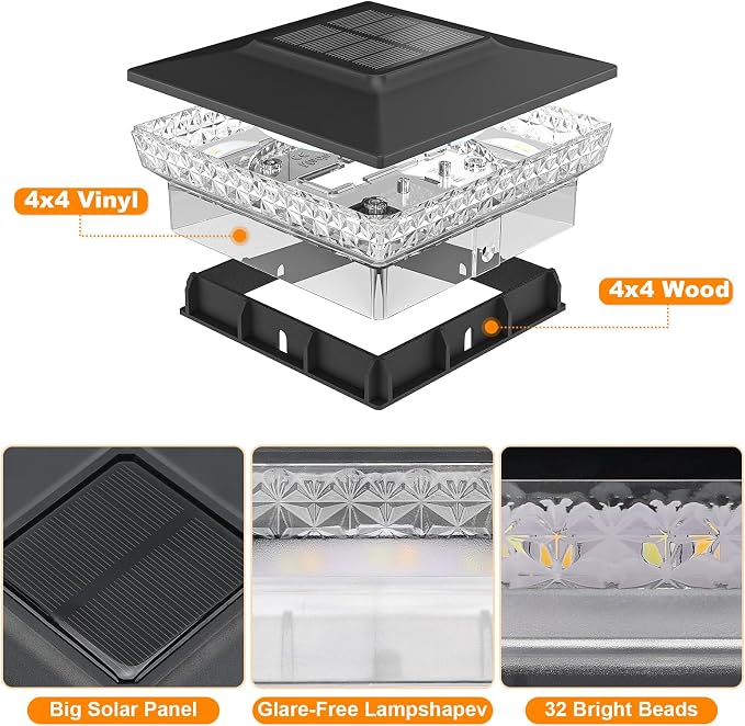 APONUO Solar Post Cap Lights for 4x4 Wood &Vinyl Posts, 3 Light Modes & 800mAh Battery, IP65 Waterproof Rugged Unibody, Solar Outdoor Lights for Fence, Deck & Patio (Black, 6 Pack)