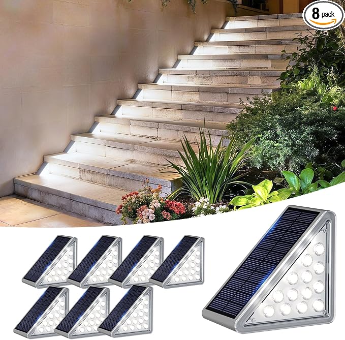 JEJOT Solar Step Lights Outdoor Waterproof IP65,Cool White Solar Stair Lights, Outdoor Light Decor for Stair, Deck, Step, Porch and Outside Patio, 8 Pack