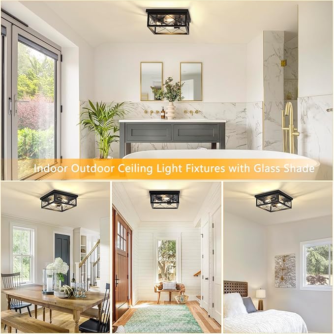 Asnxcju 12" Square Flush Mount Ceiling Light with Clear Glass Shade, 4-Light Farmhouse Outdoor Porch Ceiling Light Fixtures, Black Hallway Light Fixtures Mount for Garage Living Room Foyer