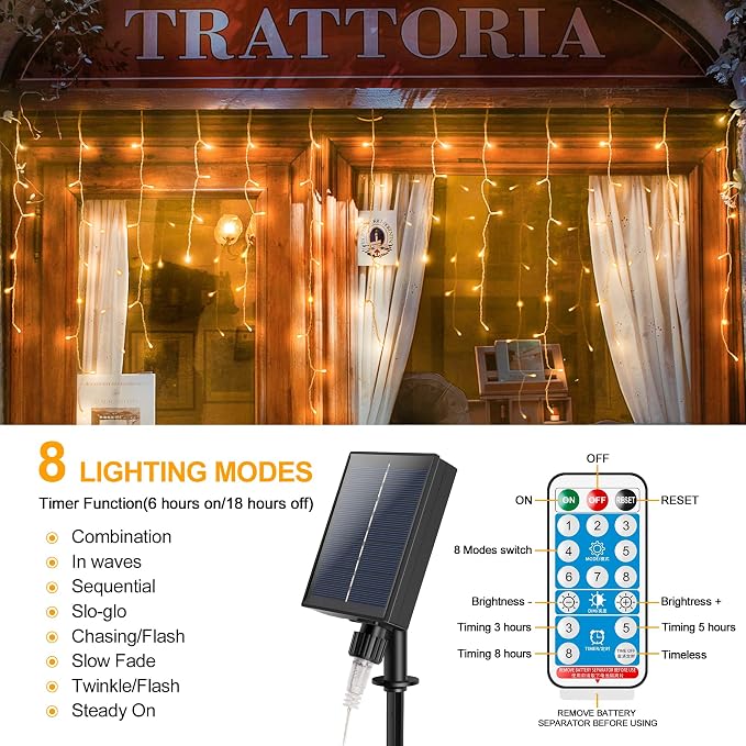 300 LED Solar Icicle Lights Outdoor with Remote Control, 33ft 8 Modes Curtain String Lights with 50 Drops, Christmas Holiday Wedding Party Decorations, Warm White
