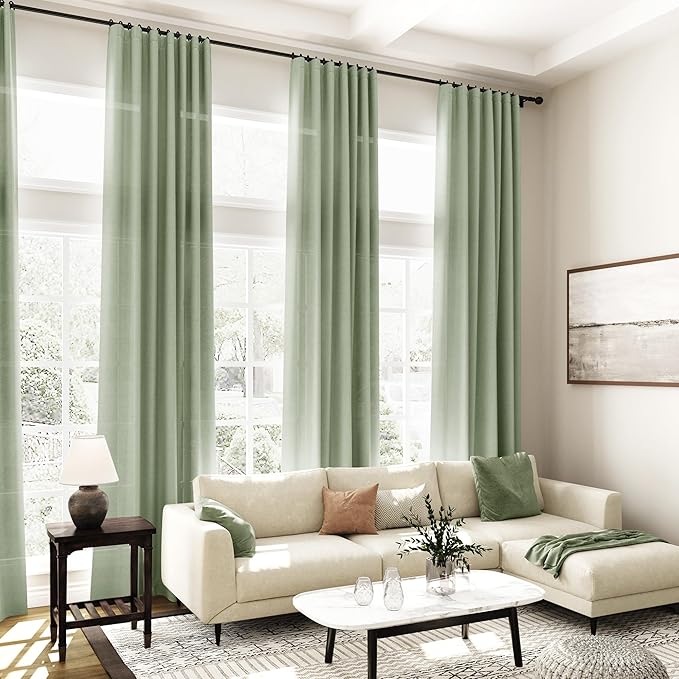 Nanspring Light Sage Linen Curtains 90 Inch Long 2 Panels Set for Bedroom Living Room Light Sage Linen Textured Window Drapes Semi Sheer Light Filtering Rod Pocket Back Tab Farmhouse Curtain 52x90
