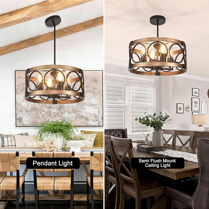 4-Light Semi Flush Mount Ceiling Light Fixture,17.71" Black Light Fixtures Ceiling Mount Kitchen Lighting Fixture Rustic Drum Chandelier Ceiling Haning Pendant Light Fixture