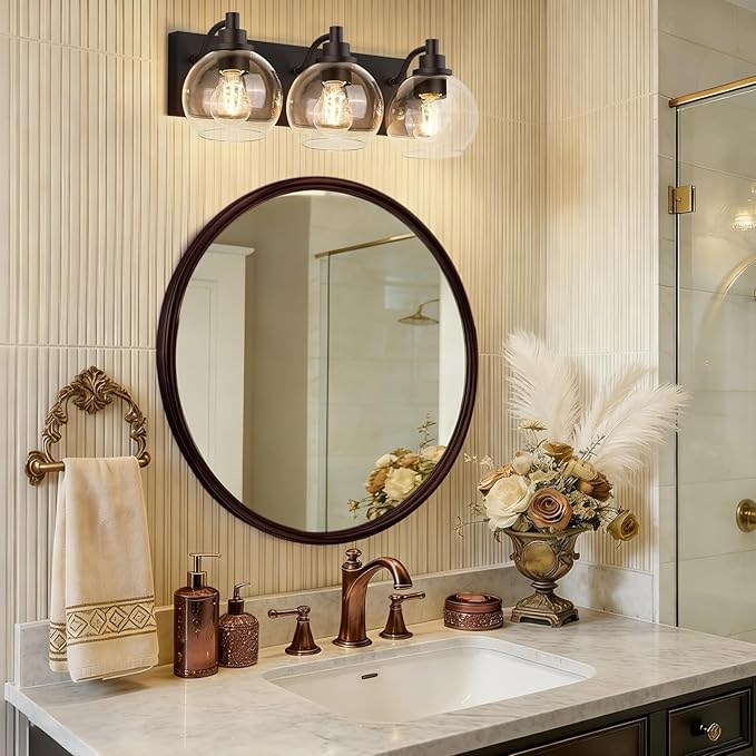 IZORRO Bathroom Light Fixtures, 3 Light Oil Rubbed Bronze Vanity Light, Modern Wall Sconces with Globe Clear Glass Shade, Vanity Lighting Fixtures Over Mirror,E26 Bulb Socket