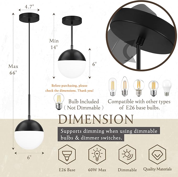 6 Inch Black 2 Pack Mid Century Modern Pendant Light Pendants for Kitchen Island Frosted Milky White Glass Globe Height-Adjustable Modern Hanging Globe Pendant Light for Bedroom (Bulb Incl)