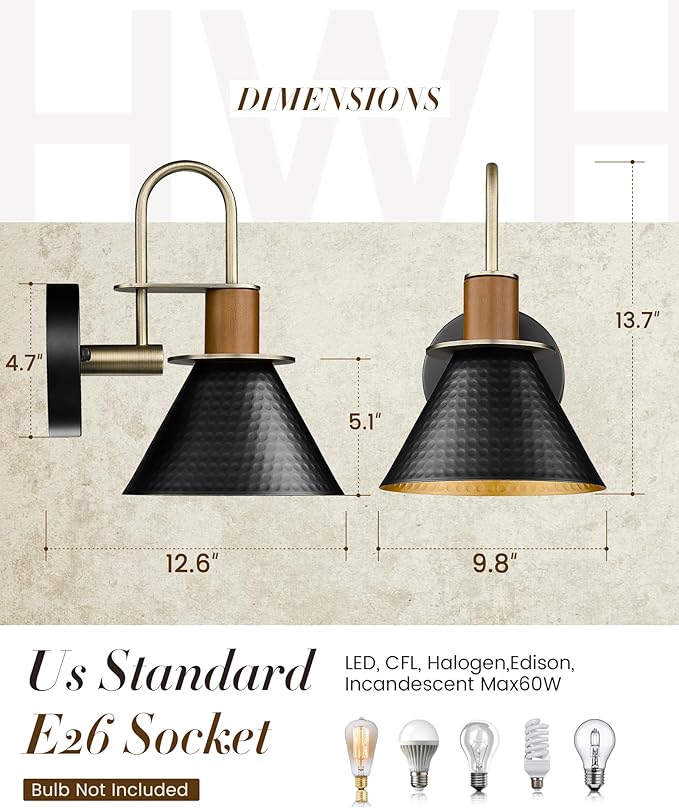 Black and Gold Wall Sconces, HWH Industrial Sconces Wall Lighting Indoor Vanity Barn Light Fixture, Black Wall Lamp for Bathroom Bedside Bedroom Kitchen, Hammered Metal Shade, 5HZG74B-L BK+BG
