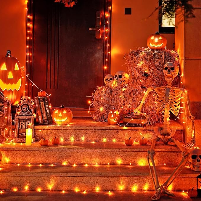 JMEXSUSS 2 Pack 100 LED Orange Halloween Lights Outdoor, 33ft Connectable Orange String Lights Indoor for Halloween with 8 Modes, Clear Wire Fall Lights Plug in for Thanksgiving Christmas Decorations