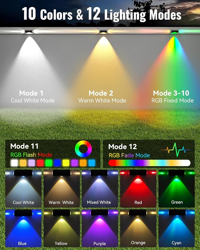 Solar Fence Lights Outdoor, 8 Pack 12 Mode RGB Color Changing & Warm/Cool White, Waterproof IP65 3-LED Dusk to Dawn Fence Lights Solar Powered for Wall, Railing, Patio, Step, Backyard, Outside