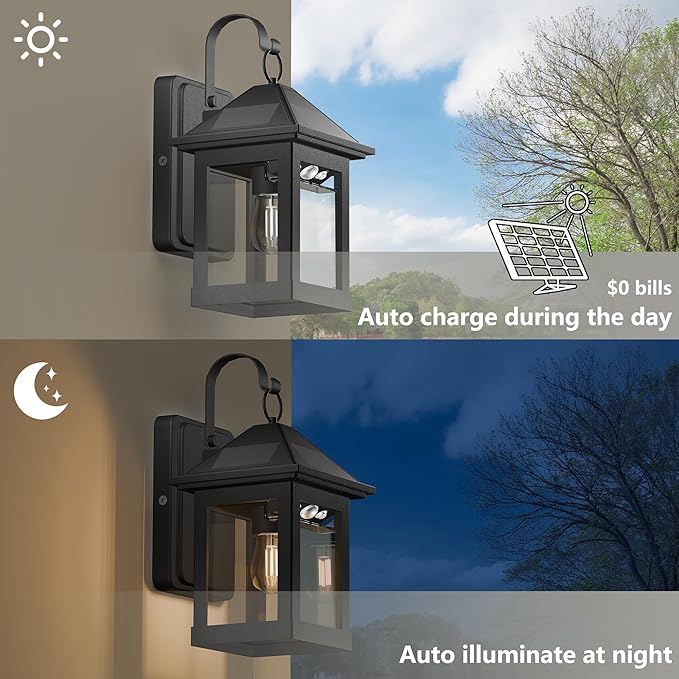 2 Pack Solar Outdoor Wall Lights for Fence Front Door Waterproof Dusk to Dawn Motion Sensor LED Sconce with 3 Modes,3000K E26 Bulb Included,Exterior Porch Lamps Wall Mount Patio Decorative