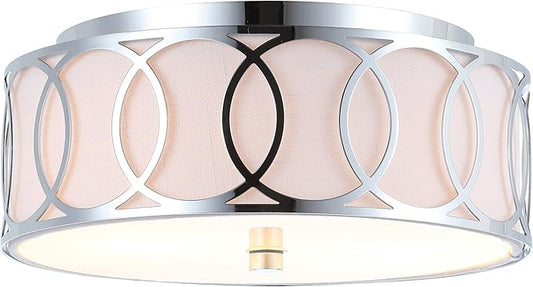 JONATHAN Y 12.25" Chrome 2-Light Modern Metal LED Flush Mount Ceiling Light for Bedroom Hallway, White Linen Drum Shade with Geometric Fretwork, LED Bulbs Included (JYL3502B)