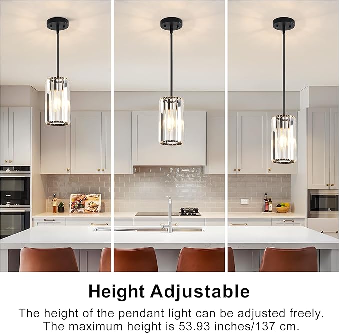 3-Pack Matte Black Pendant Light Fixtures, Crystal Kitchen Pendant Lighting Over Island,Mini Modern Pendant Lights for Kitchen Island, Dining Room, Hallway, Foyer, Entryways