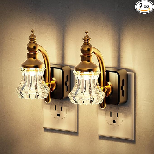 JandCase Night Light, Night Lights Plug into Wall, 2 Pack Glass Flower LED Nightlight, 0-100 LM Dimmable Nightlights, Dusk to Dawn Sensor, 1W Vintage Nite Light for Bathroom Hallway Gift Decor