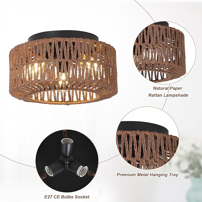 Boho Light Fixture，3-Light Farmhouse Rattan Light Fixtures Ceiling Mount，Flush Mount Ceiling Light with Hand-Woven Shade，Modern Chandelier for Living Bedroom Entryway Kitchen Nursery