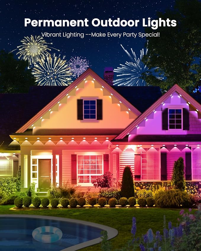 KISUFU 200FT RGB+IC Permanent Outdoor Lights, 24V Year-Round Roof & Eaves Lighting with 221 Modes, App & Remote Control, IP68 Waterproof, Smart Outside Lights for Valentine, Christmas, Holidays