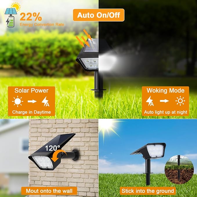 Solar Spotlights Outdoor, IP65 Waterproof LED Solar Uplights with Stake - 2 Lighting Modes, 120° Adjustable, Solar Powered Landscape Lights for Lawn, Walkway, Backyard, Camping (8 Pack)