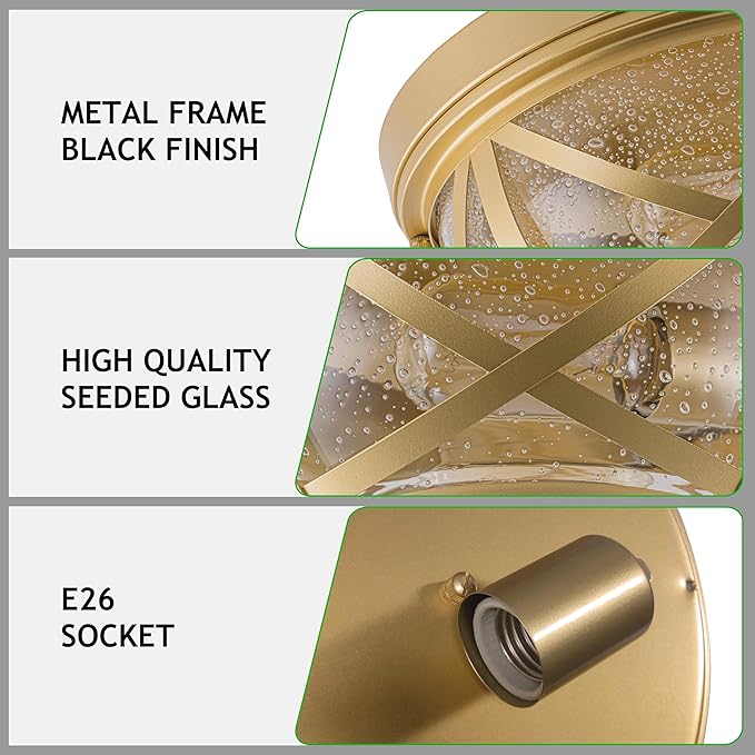 Flush Mount Ceiling Light Fixture Gold, 2-Light Modern Farmhouse Porch Light Ceiling Mount for Outdoor, Indoor Flush Mount Light Fixture for Hallway Foyer Kitchen Bathroom with Seeded Glass