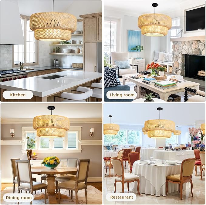 23.62" Bamboo Pendant Light,Boho Rattan Hanging Light,Hand Woven Wicker Chandelier for Kitchen Island for Kitchen Island Dining Bedroom Living Room Restaurants