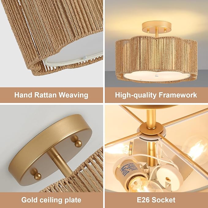 13 Inch Rattan Flush Mount Ceiling Lights 3 Lights Boho Farmhouse Ceiling Light Fixtures Wicker Hand Woven Light Fixtures for Dining Room Kitchen Bedroom Foyer Hallway Entryway