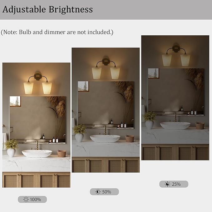 Bathroom Vanity Light with Fabric Shade, 2-Light Bathroom Vanity Light Over Mirror, Modern Light Fixtures for E26 Bulb, Flared Wall Lights for Bedroom, Hallway, Entryway (Black Gold)