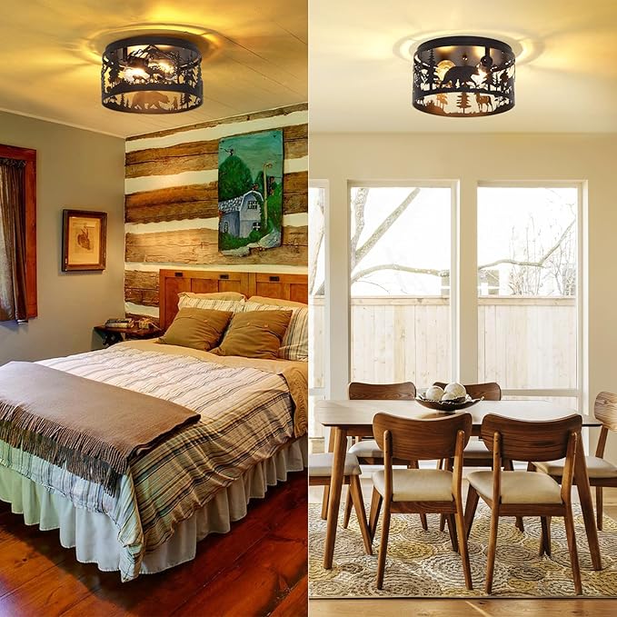 Rustic Farmhouse Flush Mount Ceiling Light with Deer & Bear Design, 2-Light E26 Round Metal Fixture for Kitchen, Bedroom, Foyer, Entryway, and Lodge (Bulbs Not Included)