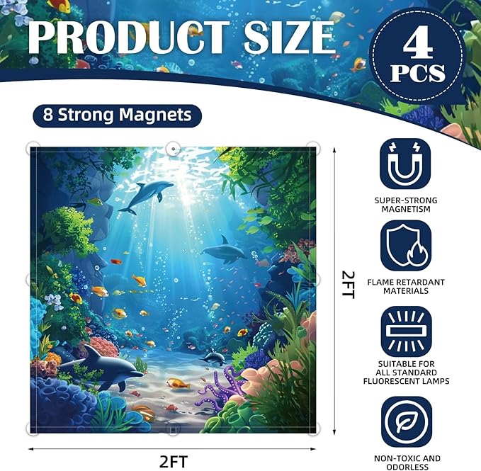 ANGSYLTH 2 x 2 Feet Fluorescent Light Covers - 4 Pcs Covers for Ceiling Lights, Magnetic Light Filters for Classroom, Office, Hospitals, Home (Underwater World)