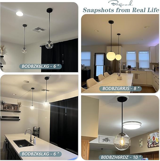 Bagood 8" Globe Pendant Light Black 2 Pack Mid Century Pendant Light Globe Pendant Lights Kitchen Island Matte Black Finished with Clear Glass Adjustable Ceiling Light Fixtures for Dining Room Bar
