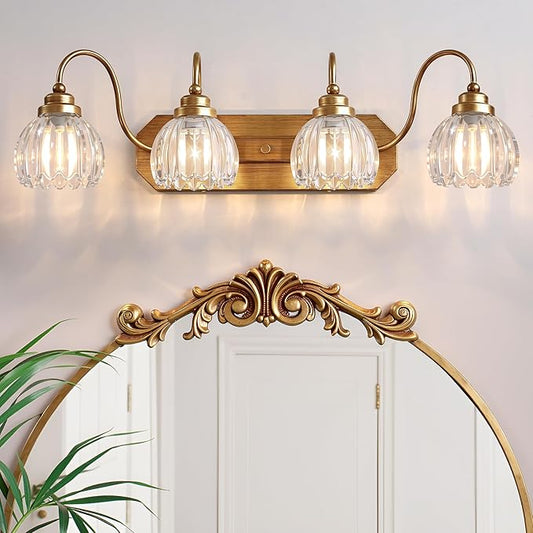 Gold Vanity Light, Vintage Bathroom Light Fixtures, 4-Light Matte Antique Brass Finish with Crystal Glass Shade, Mid Century Style Wall Sconces for Bedroom, Living Room