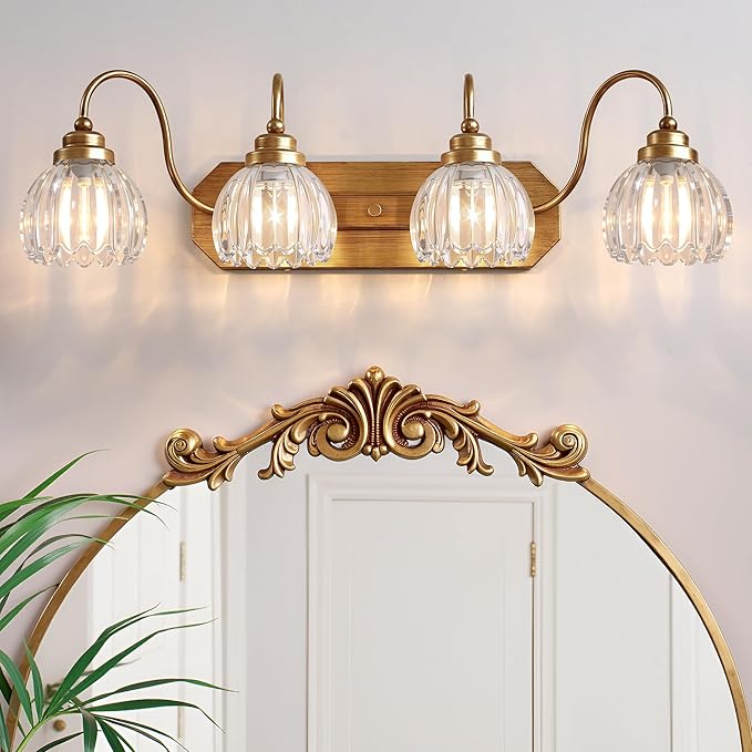 Gold Vanity Light, Vintage Bathroom Light Fixtures, 4-Light Matte Antique Brass Finish with Crystal Glass Shade, Mid Century Style Wall Sconces for Bedroom, Living Room