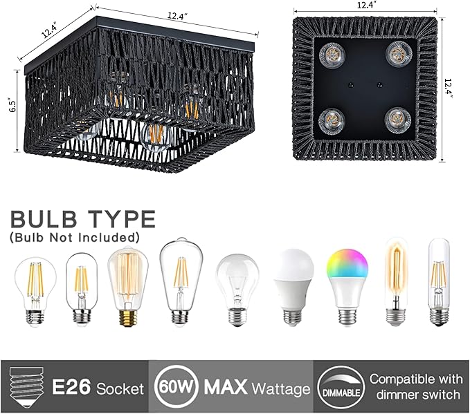 Black Rattan Ceiling Light, 4-Light Boho Light Fixture, Square Flush Mount Ceiling Light for Bedroom, Hallway, Entryway, Kitchen, Living Room