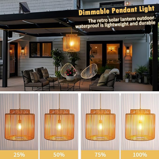 Solar Pendant Light Outdoor Hanging Lantern Solar Outdoor Chandelier with Remote Dimmable Waterproof Lantern Chandelier for Porch Patio Gazebo Garden Yard Decoration