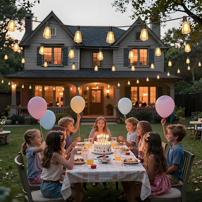 BLIATLUS 55FT Solar String Lights Outdoor Waterproof with Remote Control Solar Patio Lights 24+2 shatterproof LED ST38 Bulbs for Porch Garden Market Bistro Patio Backyard Fence