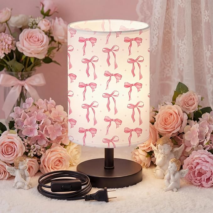Glooglitter Pink Bow Table Lamp Gifts 3 Colors Dimmable Lights 11.02 x 5.12 Inch Night Light Bedside Lamps Decoration for Bedroom Desk Birthday Gifts for Home Decor