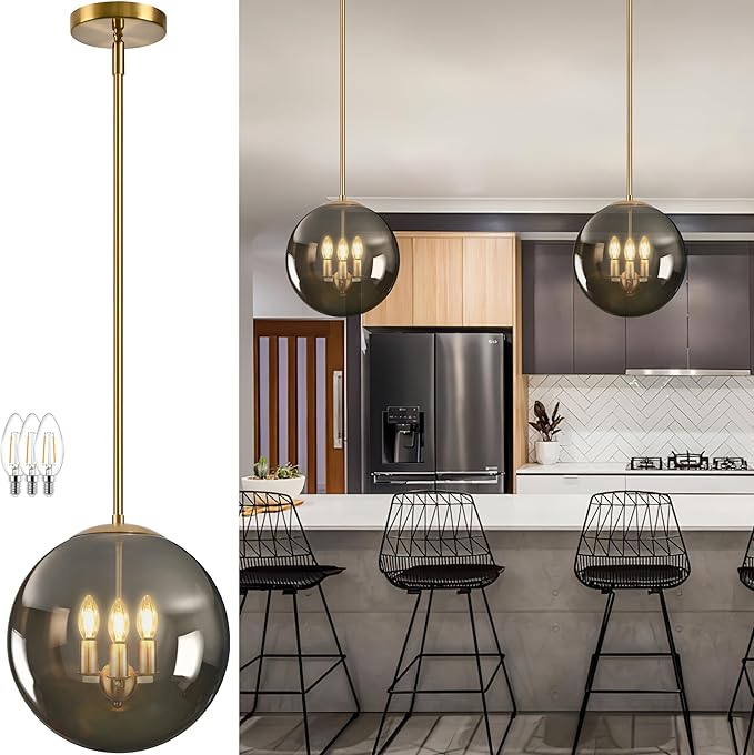 Bagood 14 Inch Globe Pendant Light Gold Large Globe Pendant Lights Kitchen Island Gold Mid Century Light Fixture with Gray Clear Glass Adjustable Hanging Lights for Living Room Foyer (Bulb Included)