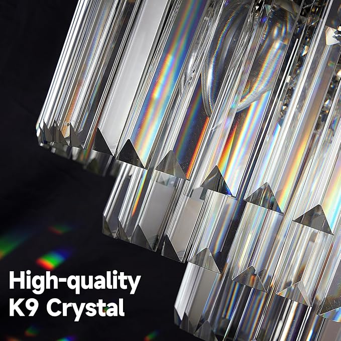 16" Black Crystal Chandelier Ceiling Light, Flush Mount 5-Lights 3-Tier K9 Crystal Round Chandelier Light for Dining Room Kitchen Island Living Room Bedroom