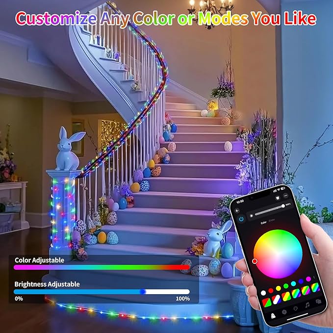 Rope Lights Outdoor Color Changing, 49FT 150 LED Waterproof Fairy String Light Plug in with Remote & APP Controlled, Music Sync Christmas Lighting for Outside Indoor Bedroom Halloween Decor