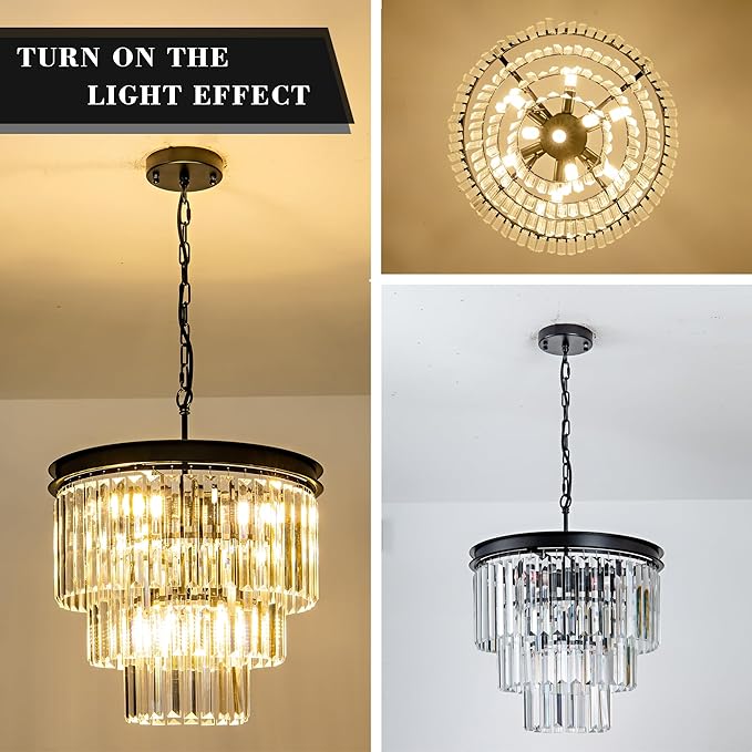 Crystal Chandelier 15.8" Modern K9 Crystal Hanging Pendant Lights 6-Lights Black 3-Tier Luxury Crystal Dining Room Light Fixture for Living Room Bedroom Kitchen Island Entryway Foyer Stair