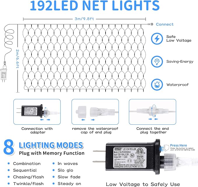 HEYFUNi 192 LED Net Lights Outdoor Mesh Lights,8 Modes Net Light for Bushes Plug in, Waterproof Christmas Net String Light for Bushes Ceiling Wedding Indoor Outdoor(9.8ft x 6.6ft,White)
