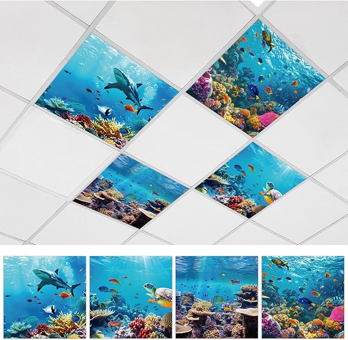 4 Pcs Fluorescent Light Covers with 32 Magnets Decorative for Classroom Ceiling Light 2 x 2 Feet Magnetic Light Covers Filter Easy Install for Office Hospitals & Home Drop Ceiling Supplies （Ocean）