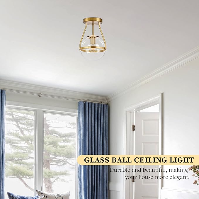 Bagood 6" Globe Semi Flush Mount Ceiling Light Fixture Modern Gold Semi Flush Mount Ceiling Light Mid Century Ceiling Light with Clear Glass Shade Brass Finish for Hallway Bathroom Foyer (Bulb Incl.)