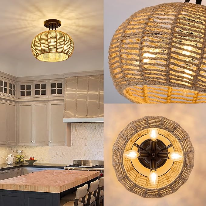 XSDeTu Boho Light Fixtures Ceiling Mount, 4-Light Farmhouse Hemp Rope Flush Mount Ceiling Light, Rustic Hand Woven Chandelier, Coastal Close to Ceiling lamp for Bedroom Hallway Entryway Kitchen